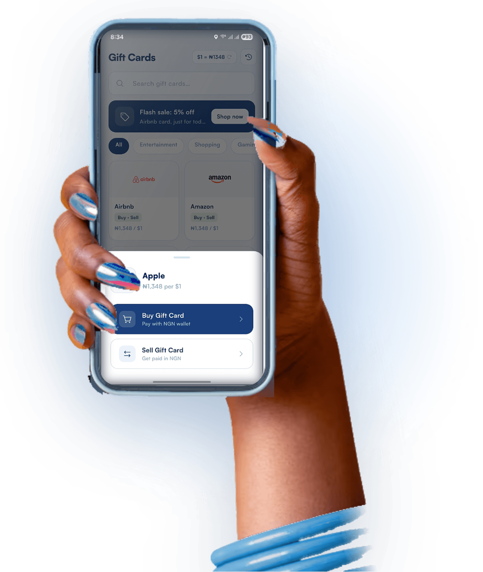 A hand holding the PPAY app, open to the gift cards screen